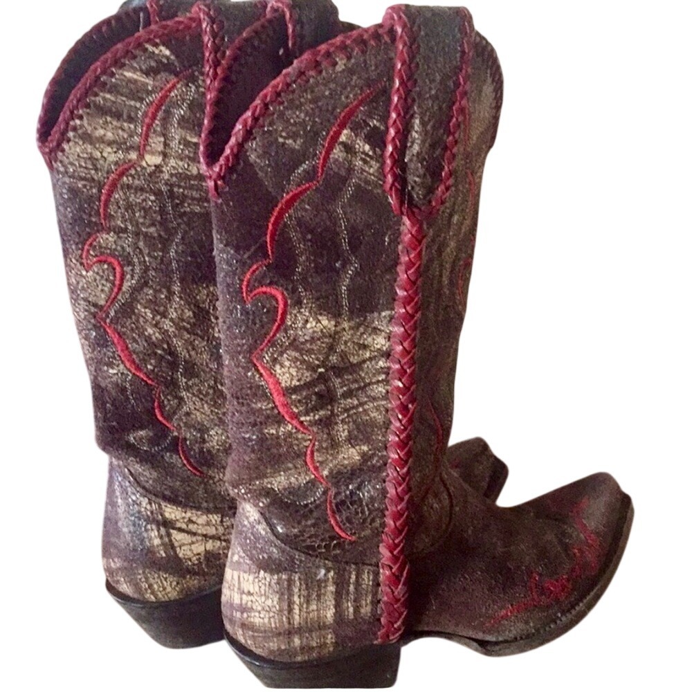 Lucchese 1883 Womens Brown‎ Gold Distressed Leather Charlie Horse Boots Red Trim - Picture 2 of 5
